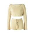 thumbnail image 3 of Gupgi 2Pcs Women Knit Outfits, Solid Color'Stripe Off Shoulder Crop Tops + Elastic Waist Shorts Set, 3 of 5