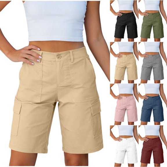 Bloomae Bermuda Cargo Shorts for Women Knee Length Button Elastic High Waisted Summer Dressy Casual Outdoor Beach Vacation Long Chino Shorts with Multi-Pockets Gray XXL