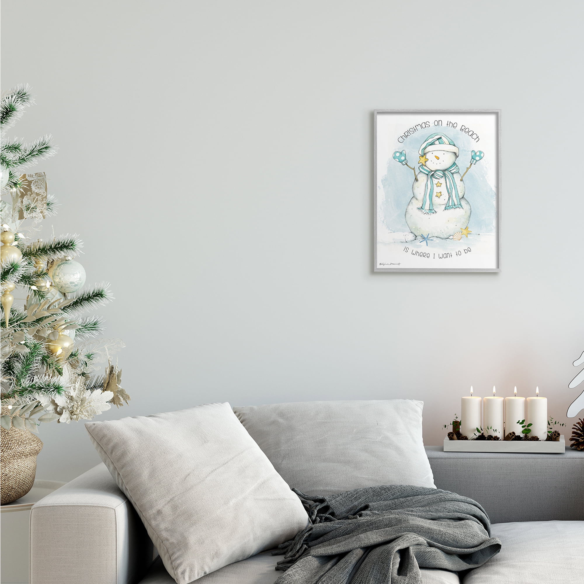 Stupell Industries Christmas On the Beach Sentiments Nautical Snowman Nature Painting Gray Framed Art Print Wall Art, 11 x 14