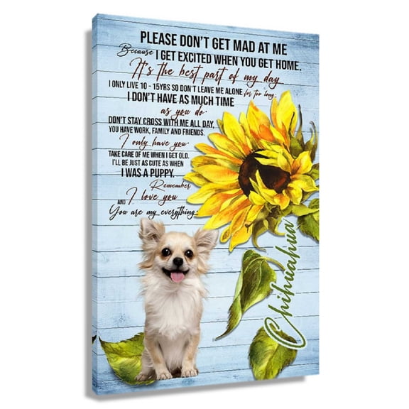 Chihuahua Sunflower Dog Painting, Canvas Wall Art for Pet Room, Bedroom, or Entryway, Radiating Canine Joy, Framed 12x18 in