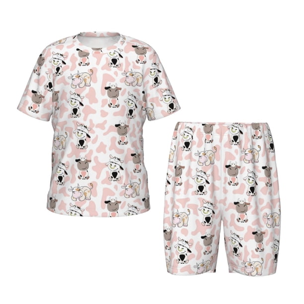 Fotbe Cute Cartoon Cows Pijama Estampada de 2 Piezas para Niños – Ropa de Dormir de Manga Corta Cómoda para Niños y Niñas, Camiseta y Shorts de Algodón-XX-Large