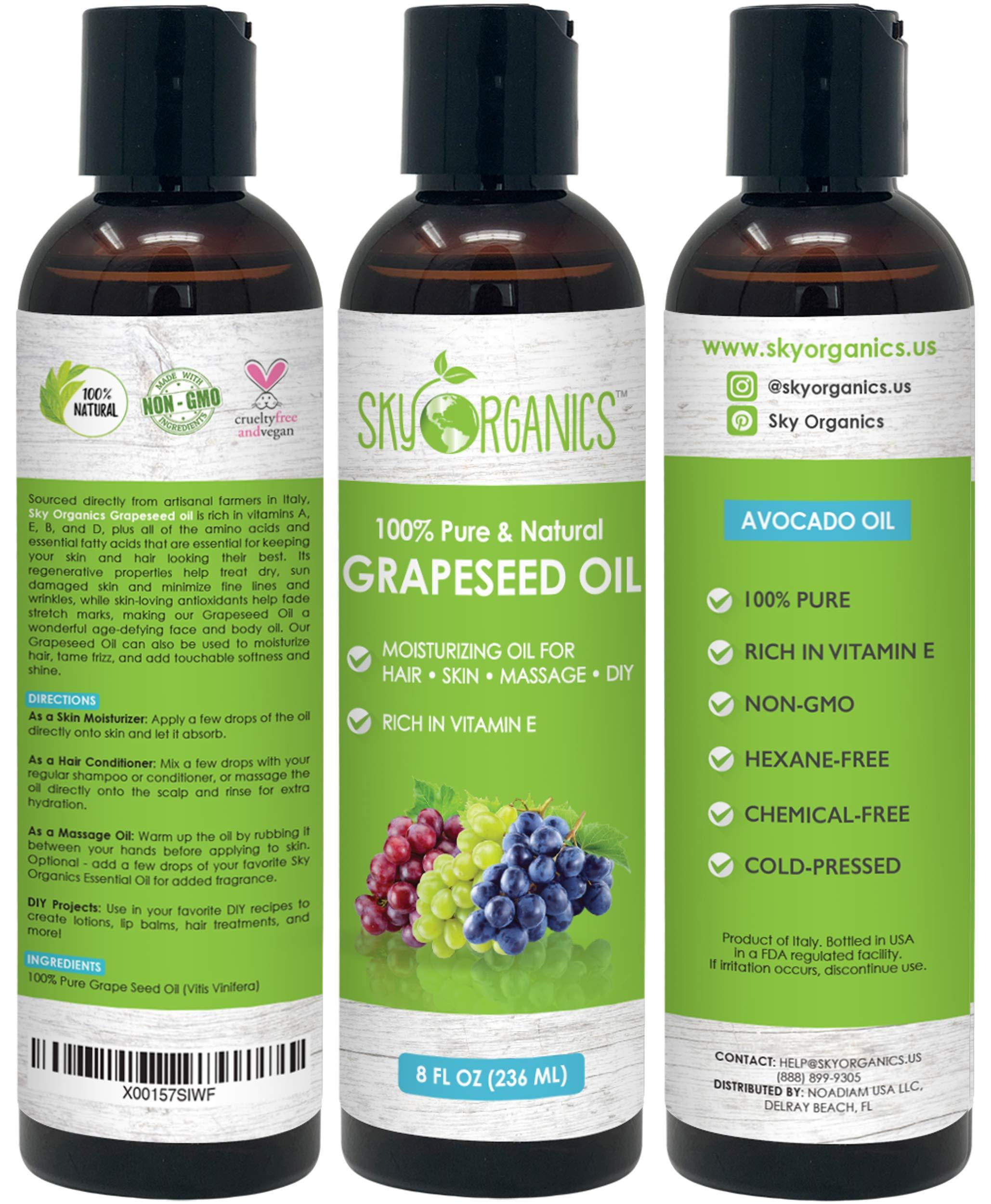 Sky Organics Organic Grapeseed Oil for Face, 100% Pure & Cold-Pressed USDA  Certified Organic to Moisturize, Clarify & Brighten, 8 fl. Oz