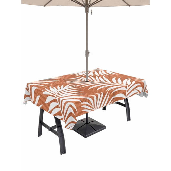 Outdoor Tablecloth with Umbrella Hole & Zipper, Orange Coastal Palm Leaves Rectangle Tablecloth 54x80 Inch, Summer Tropical Botanical Patio Table Cover Waterproof Table Cloth for Picnic/Party