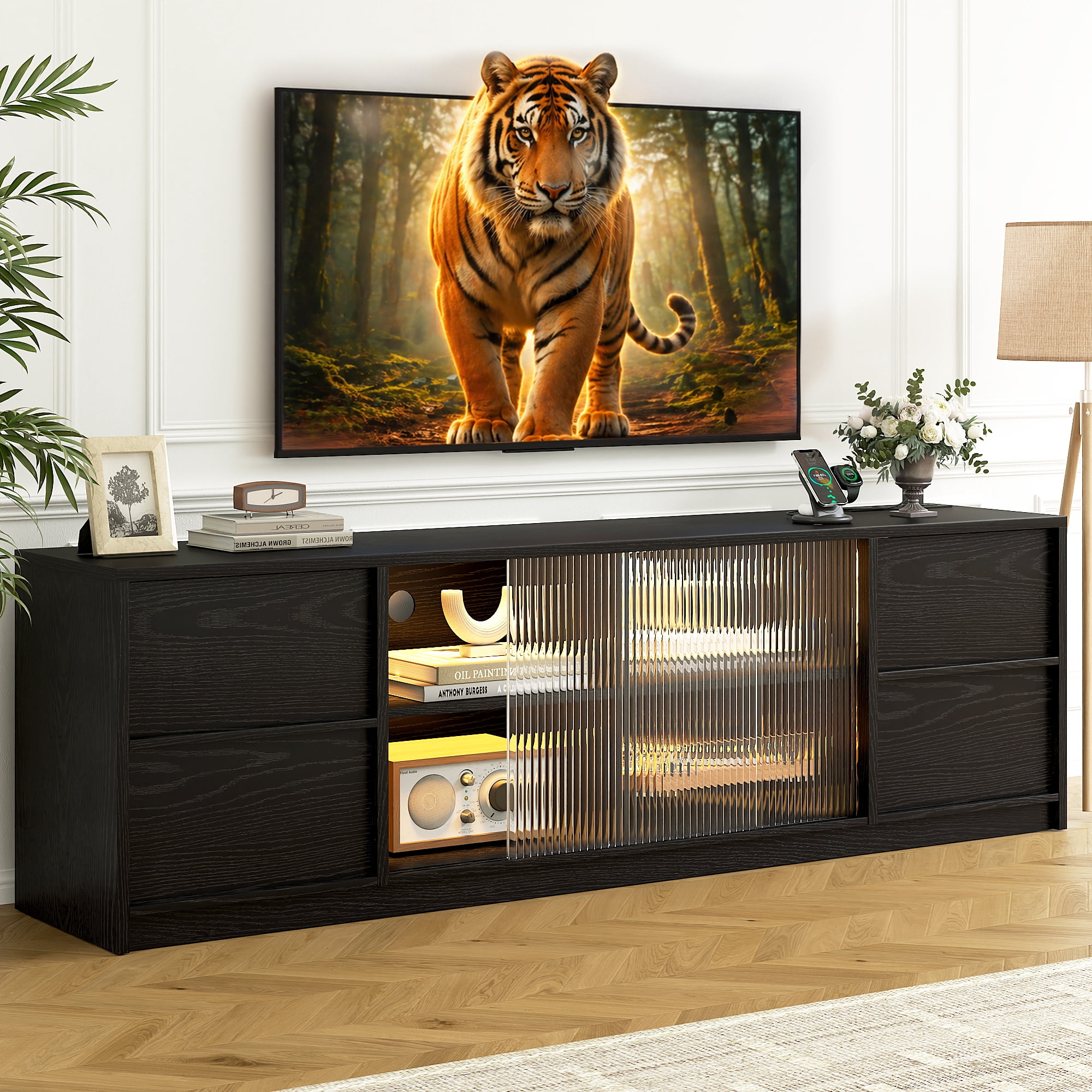 GUNAITO TV Stand for TVs up to 75", Big TV Stand for Living Room with 4 Drawers and LED Lights, Entertainment Center with Storage, Black