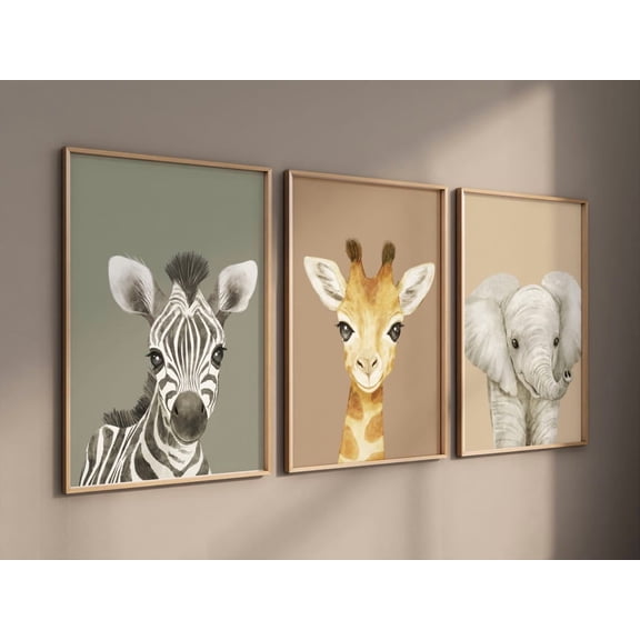UNFFRAMED Safari Animal Wall Art Set, Animal Prints, Animal Nursery Wall Art, Safari Animals, Animal Nursery Decor, Gender Neutral Nursery, Baby Room #227 Set 3 Prints 8x12