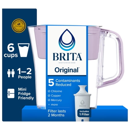 Brita 6 Cup Small Plastic Water Filter Pitcher, Misty Lilac, BPA Free with 1 Brita Standard Filter