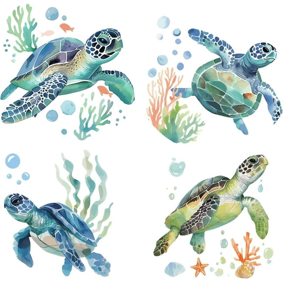 4Pcs 6.3 Inch Sea Turtle Window Cling Reusable Ocean Creatures Coral Seaweed Glass Sliding Door Sticker Static Decal PVC Vinyl Alert Decal to Prevent Birds Strike