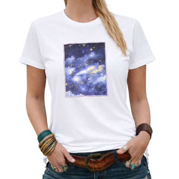 Giffimy Watercolor Starry Night Womens Print Tshirt Graphic Tees White/Black S-5XL Tops