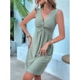 thumbnail image 3 of Women'S V-Neck Twist Sleeveless Design Chest Pleated Waist Dress Light Green XL, 3 of 7