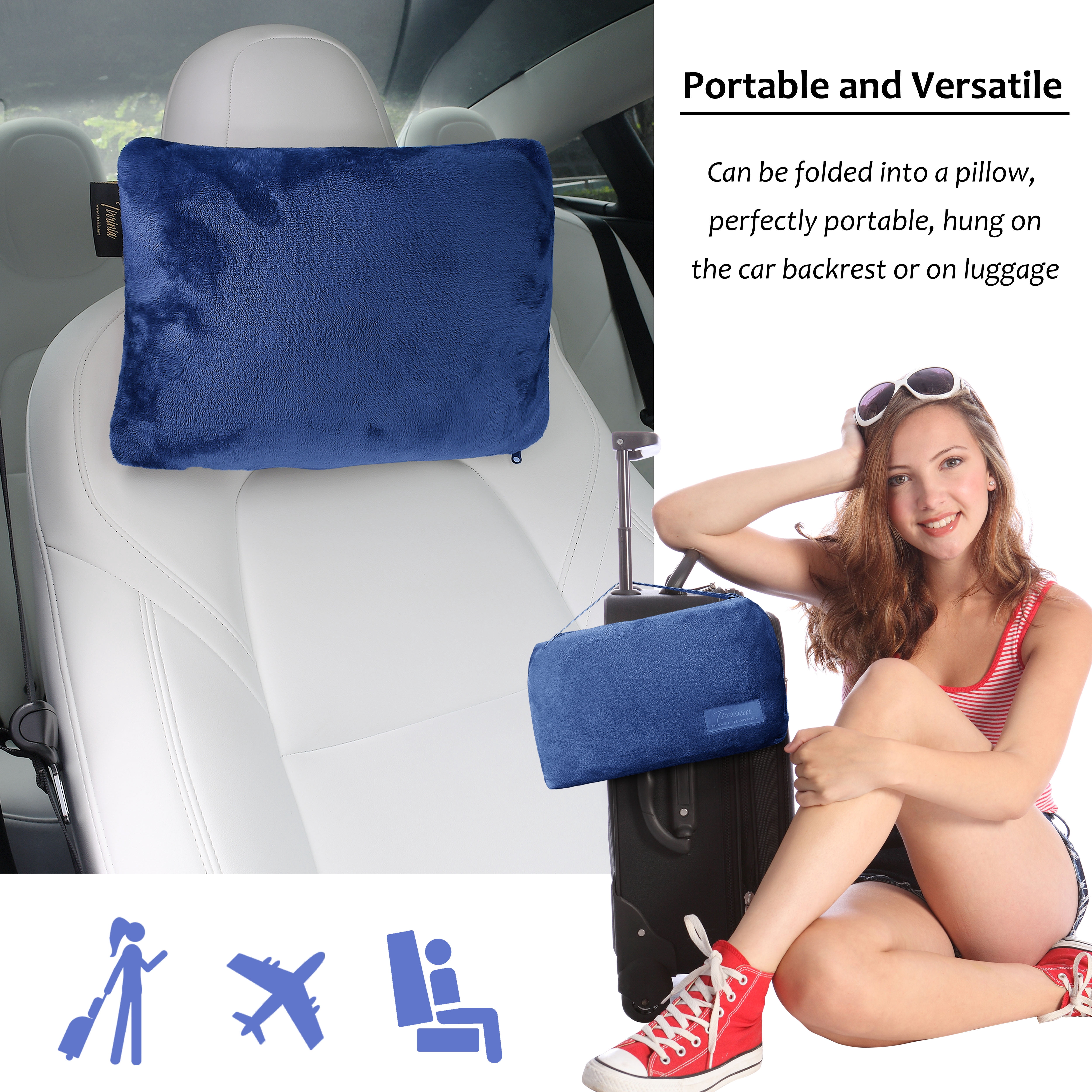 Tirrinia Fleec Wearable Travel Blanket with Foot Pockets for Women & Men | Zippered Front Pocket | Super Soft Lightweight & Cozy Throw Blanket for Adults, One Size Fits All, Dark Blue