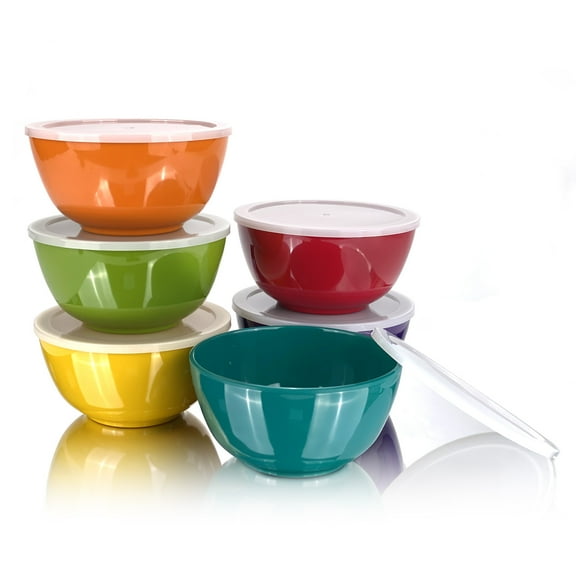 yongzhenlite Set of 6 Melamine 28oz Salad Bowls Set,6 inch Round Soup Bowls,100% Melamine Dinnerware sets for Dinner or Picnic Party,Break-resistant and BPA Free,Multicolor (with Lid)
