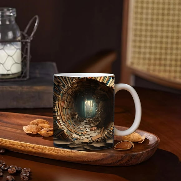 Suncoda Mug, 3 D Creatives Space Bookshelf Ceramic Mugs Study with Coffee Mugs for Book Lovers Gift