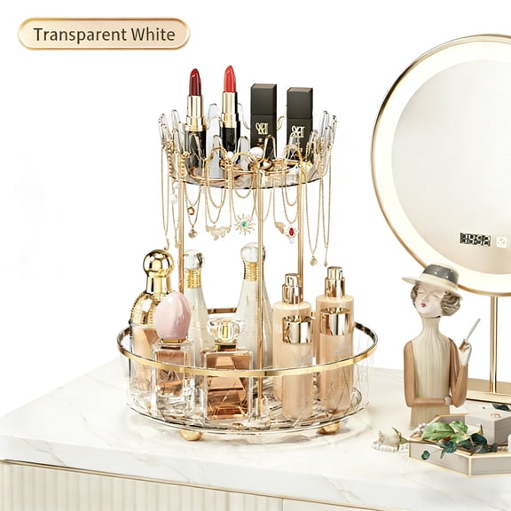 Homlux 360° Rotating Makeup Organizer, 2-Tier Skincare & Jewelry Storage, Transparent White, 25.5×25.5×27.5cm, For Vanity/Bathroom Countertop