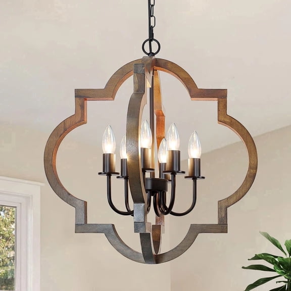 6-Light Farmhouse Orb Chandelier with Rustic Wood and Black Metal Frame for Dining Room & Living Room