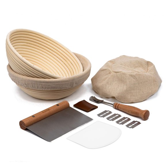 Ensemble d'Apprêt, par Kook, Pain au Levain, 2 Paniers Banneton en Rotin, 2 Housses de Panier, Grattoir en Métal, Grattoir en Plastique, Lame de Récurage, 5 Lames et Étui, Forme Ronde