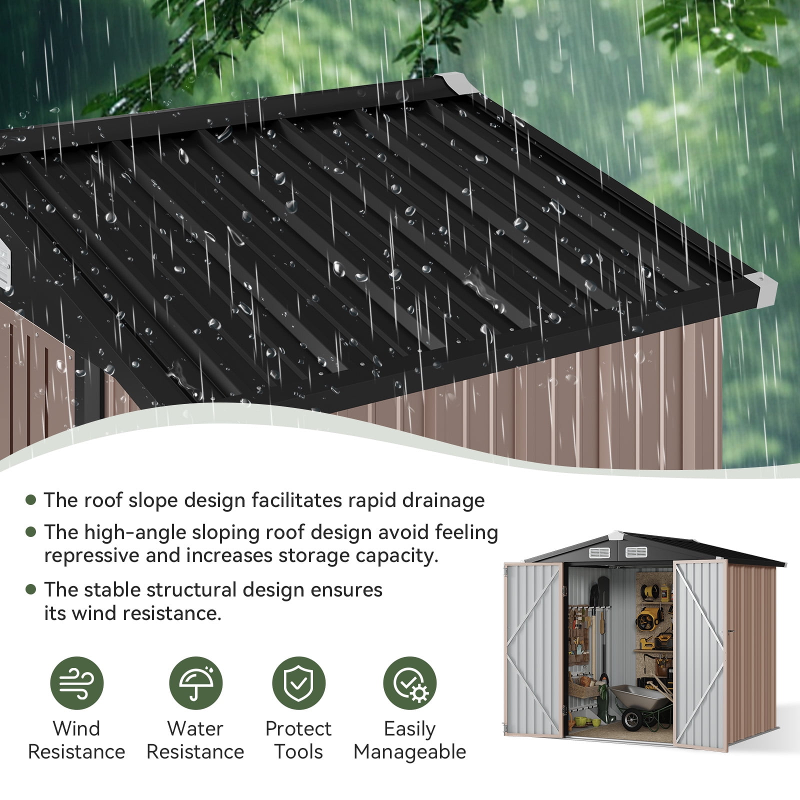 BaPiPro 6.2x4 FT Outdoor Storage Shed with Integrated Base - Heavy-Duty Metal Garden Tool Shed with Vents & Secure Locking Doors, Brown