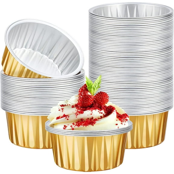 Gold Cupcake Liners, 100pcs 5oz Baking Cups Disposable Creme Brulee Ramekins Aluminum Foil Dessert Cups, Mini Muffin Pans, Recyclable Economical Catering Dinner Baking Cups for Party Favor