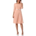 thumbnail image 3 of INSPIRE CHIC Women's Work Elegant Square Neck 3/4 Sleeve Belted Pleated a Line Church Midi Dress XS Pink, 3 of 6