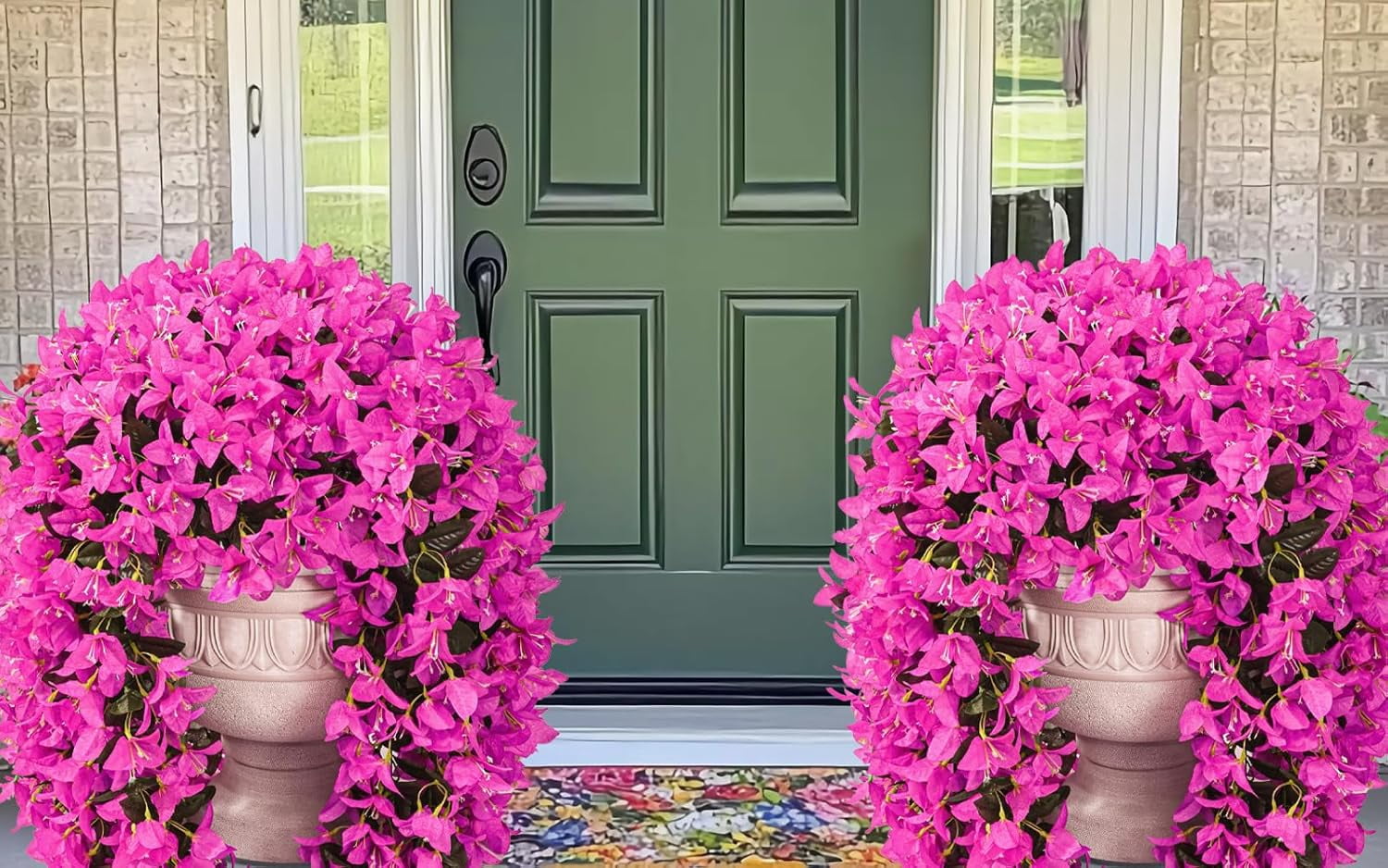 2Pcs UV Resistant Artificial Flowers for Outdoors, Realistic Faux Silk Bougainvillea Flowers, Fake Hanging Plants for Porch Patio Balcony Decoration (Purple)