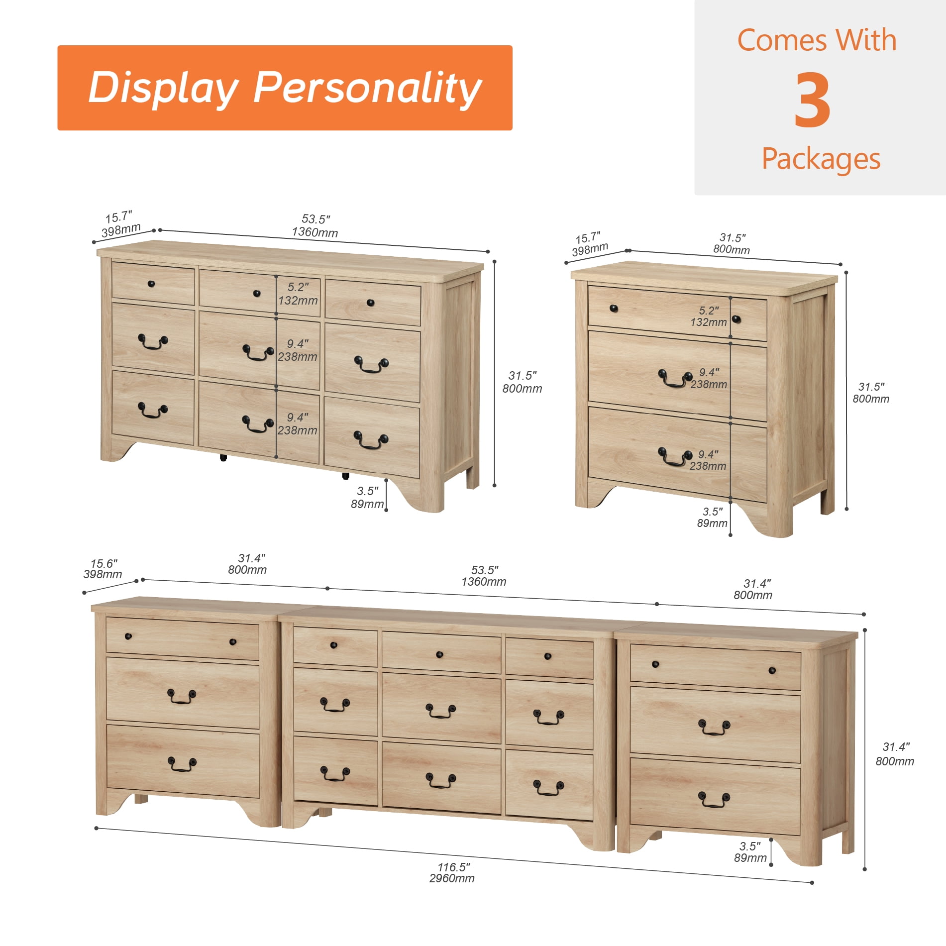 3-Piece Bedroom dresser Set,9 Drawer Dresser And 3 Drawer Dresser Set Of 2