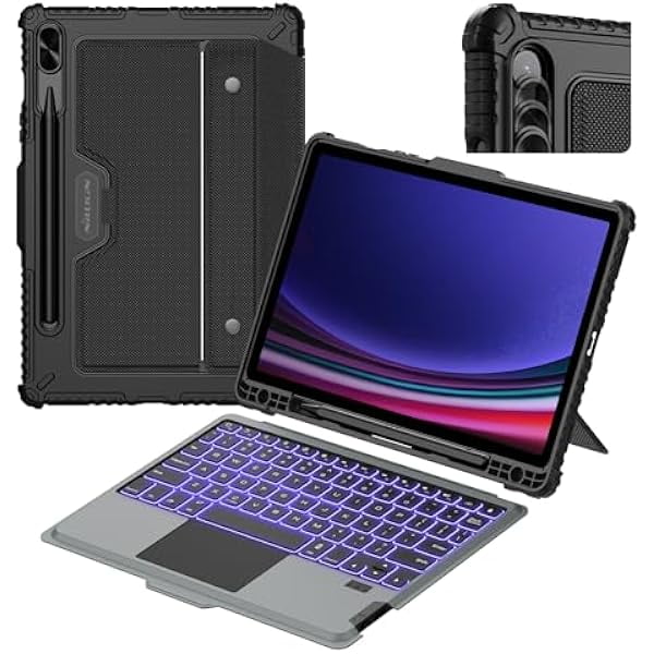 ccwonima for Samsung Galaxy Tab S9 11” Case with Detachable Keyboard, Multi-Touch Trackpad, 7-Color Backlit, S Pen Holder, Rugged Keyboard Case with Camera Cover for Samsung Tablet S9