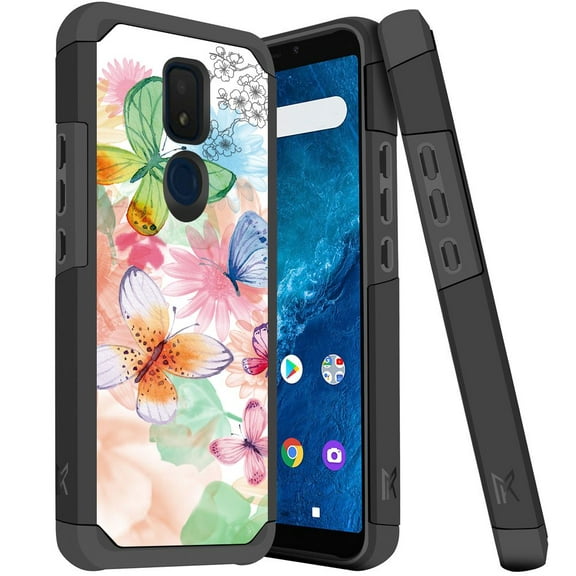 ANJ  Slim Dual Layer Hybrid Shockproof Case   Tempered Glass Cover for Cricket Icon 3, Splendor, AT&T Motivate 2 - Colorful Butterfly