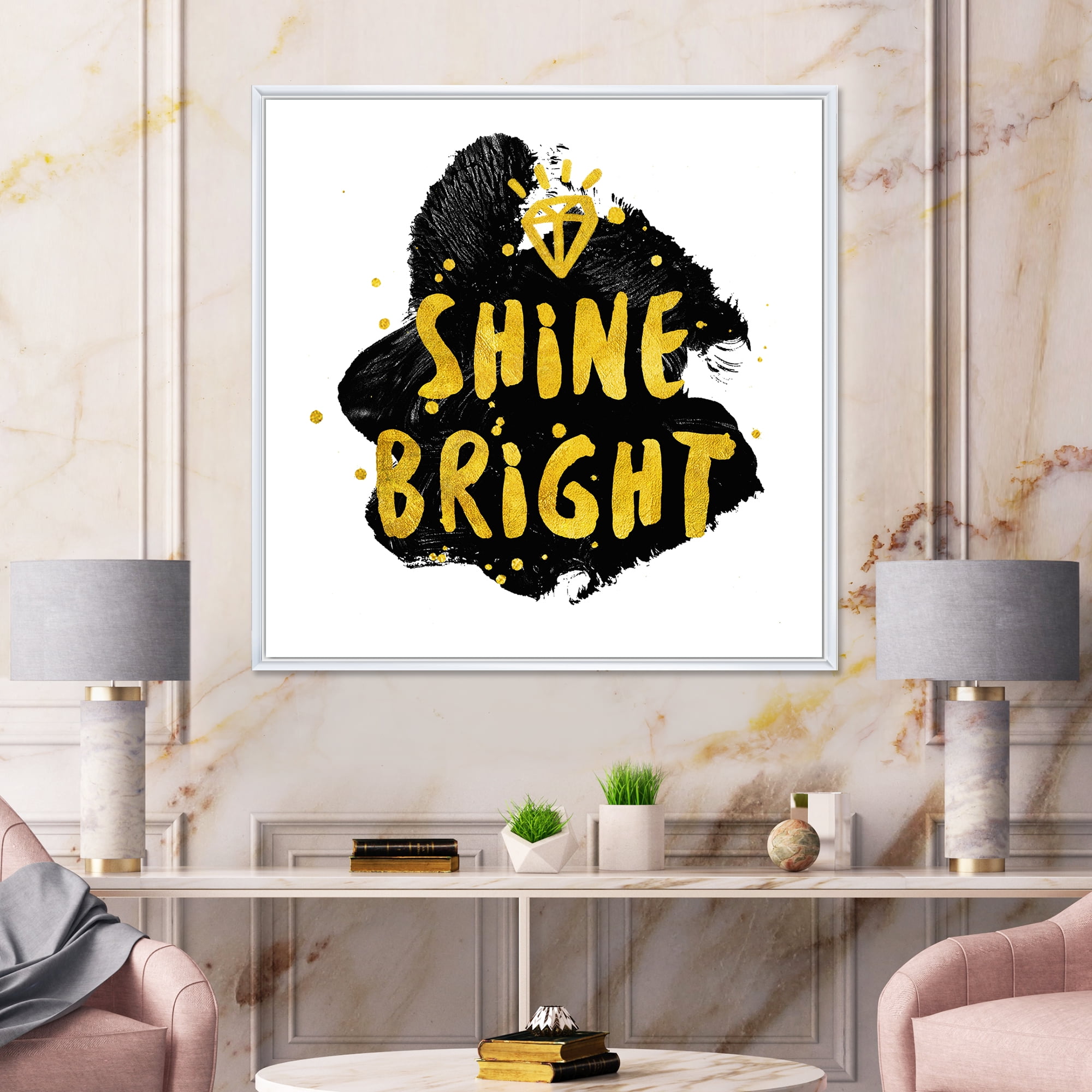 Designart 'Shine Bright Quote on Black' Glam Framed Canvas Wall Art Print