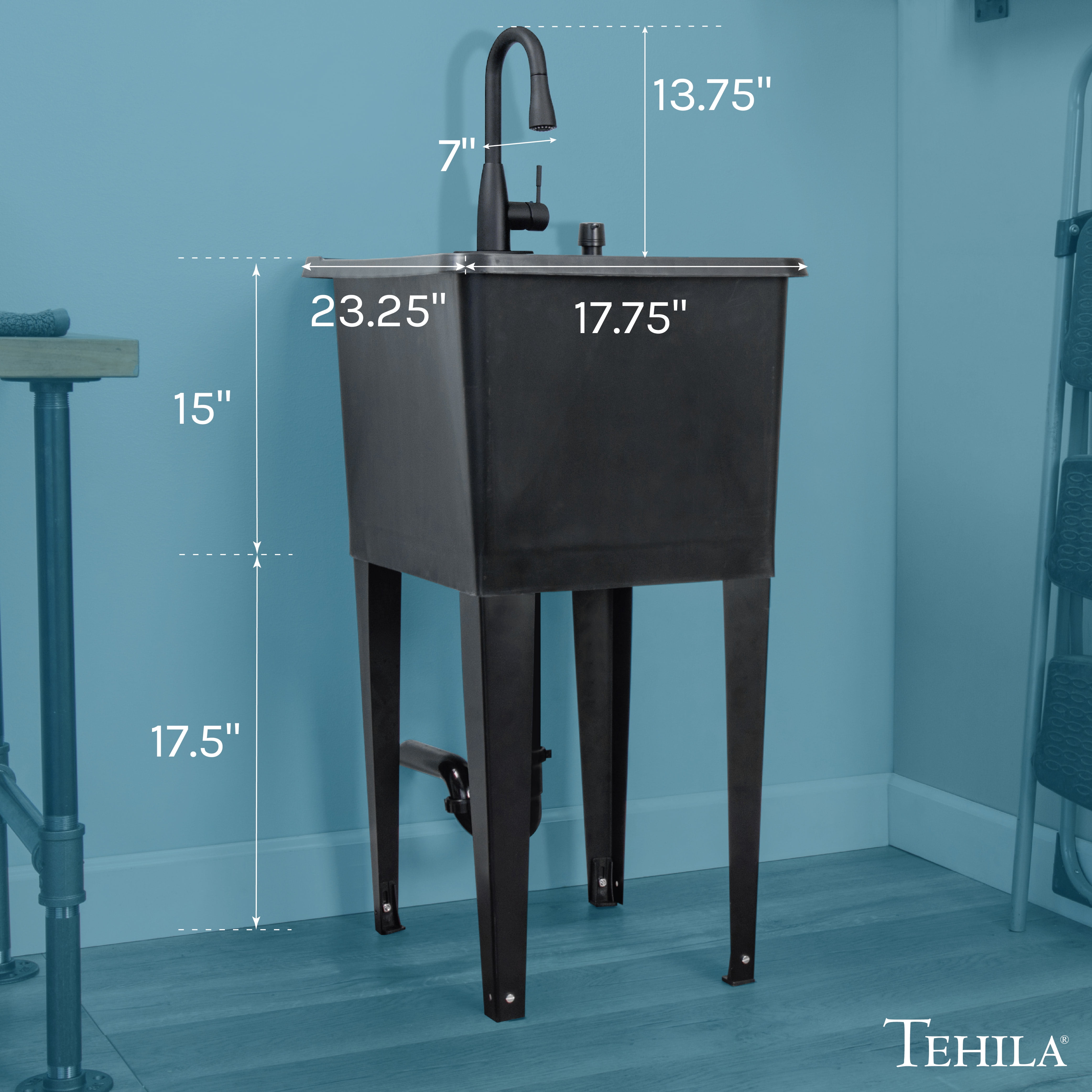 TEHILA Space Saver 16 Gallon Black Utility Sink with Black Pull-Down Faucet with Pause Mode