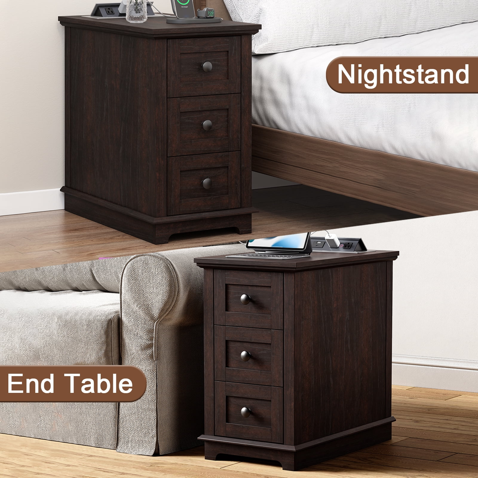 FAGAGA End Table with 3 Drawers for Living Room,Nightstand Sofa Side Table with Charging Station,Brown
