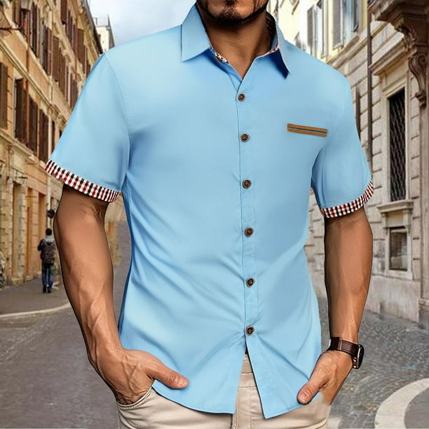 Blusa y camisa de manga corta con cuello vuelto para hombre, informal, a la moda, con botones, para negocios, de poliéster.