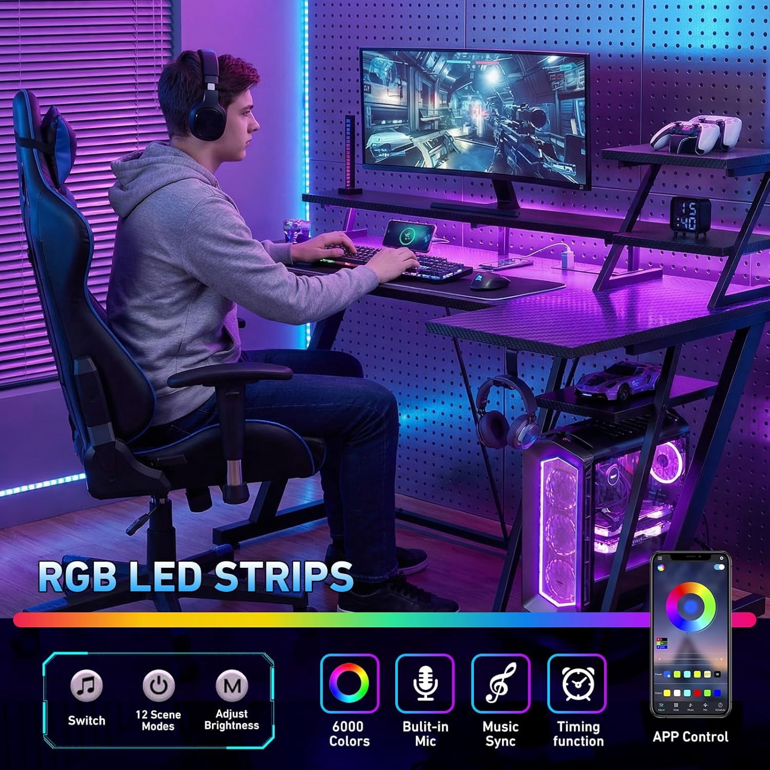 40 Inch Gaming Desk with LED Lights & Power Outlet, L Shaped Computer Gaming Table with Storage Shelves, Reversible Corner Desk with Monitor Stand for Home Office, Carbon Fiber Black