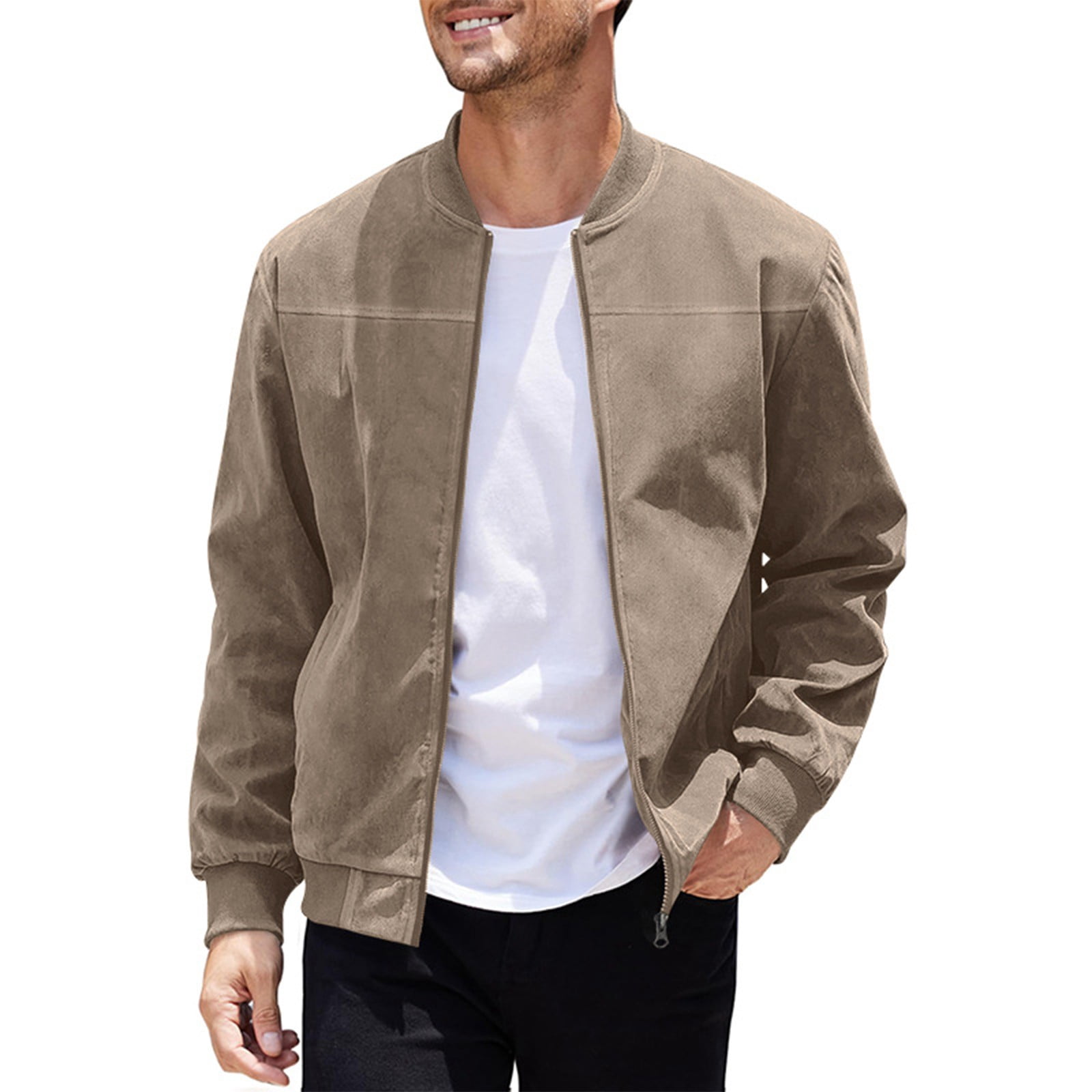 Huresd Mens Genuine Suede Bomber Jacket Leather Casual Varsity Vintage Smart Casual Brown XL