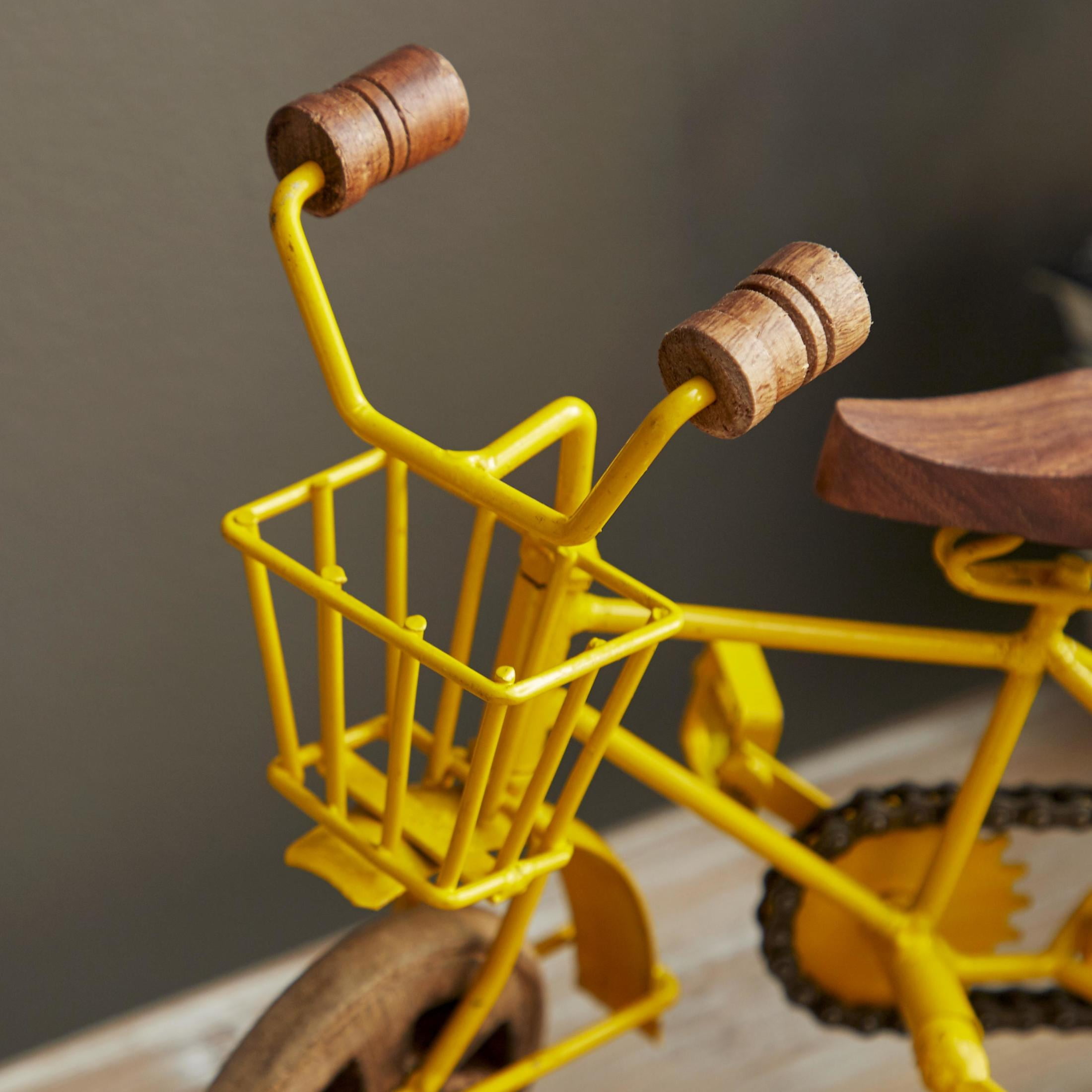 11"W, 8"H Multi Colored Metal Bike Sculpture with Wood Wheels, by DecMode (3 Count)