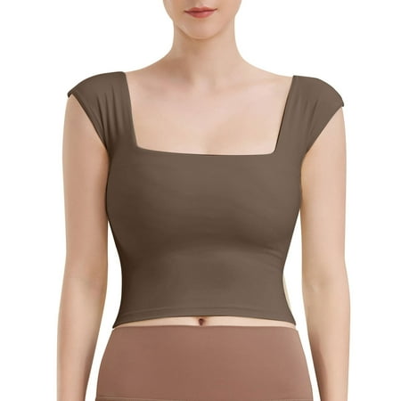 Yindaity Evening Dress Style Sports Bra Square Neck Sports Bra Tight Yoga Vest Women s Sports Short Sleeve Yoga Dress (Khaki L)