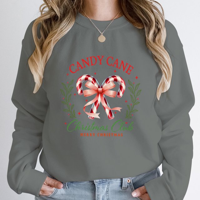 Jersey con estampado de Feliz Navidad para mujer, Sudadera de cuello redondo, jerséis sueltos sin capucha, Club de Navidad de bastón de caramelo, Otoño e Invierno