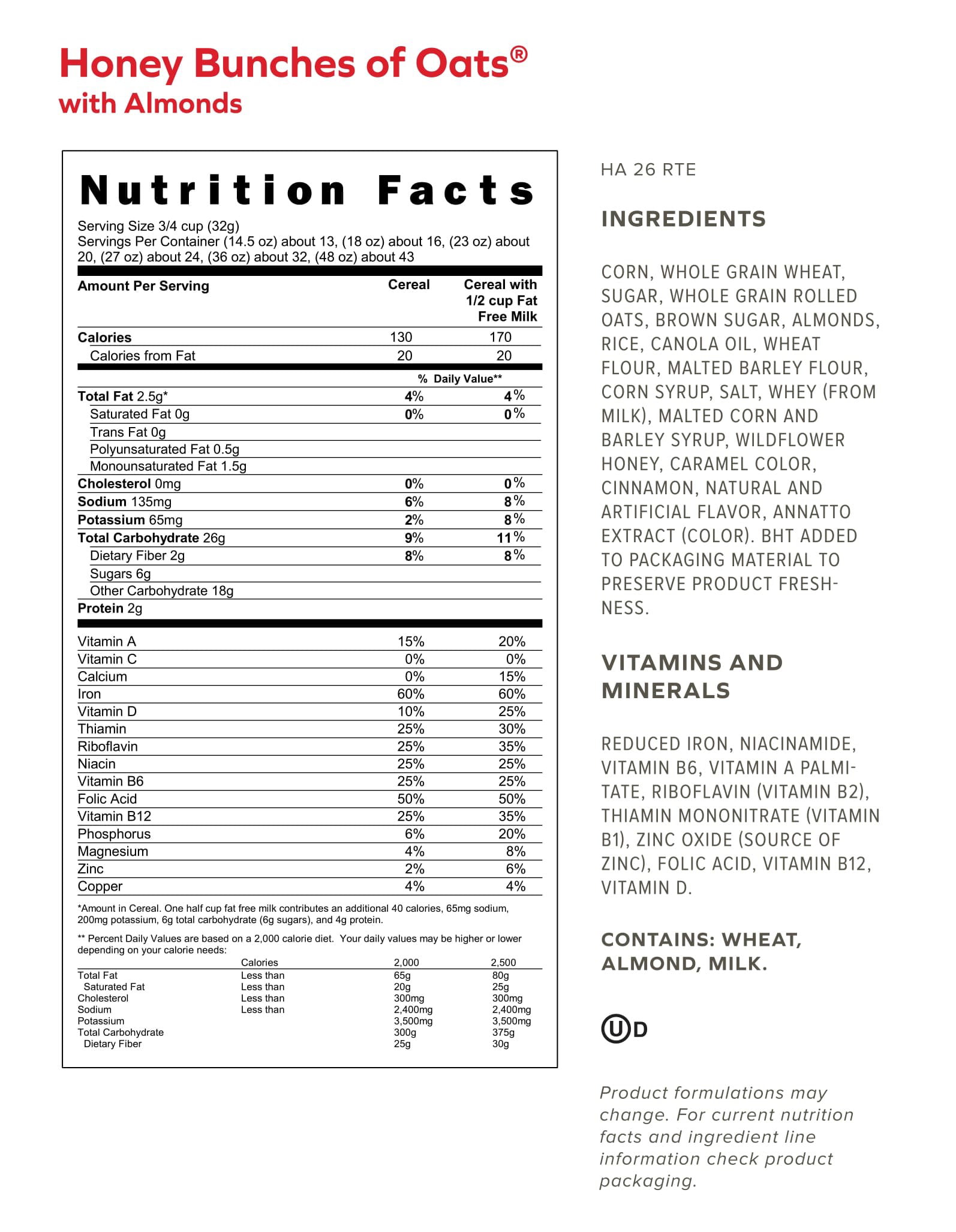 honey bunches of oats nutrition facts ingredients