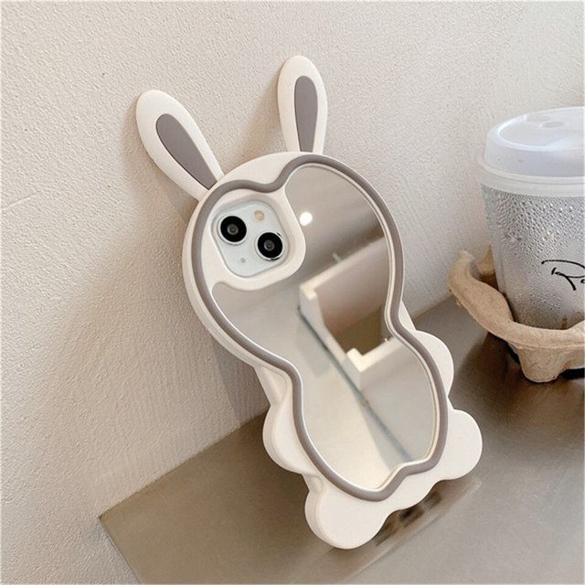 Bonita funda 3D de silicona con Orejas de conejo para iphone, película de espejo de maquillaje para niña, 14, 13, 12, 11 Pro, XS Max, XR, 6, 7, 8 Plus, SE, lujo, alta calidad Fivean unisex