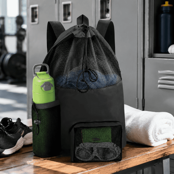 Beach backpack, swim bag, small gym bag for men, stuff sack, Quick Dry Mesh Drawstring Backpack, Waterproof Breathable Beach Swimming Gym Sack with Multi Pockets for Outdoor Sports