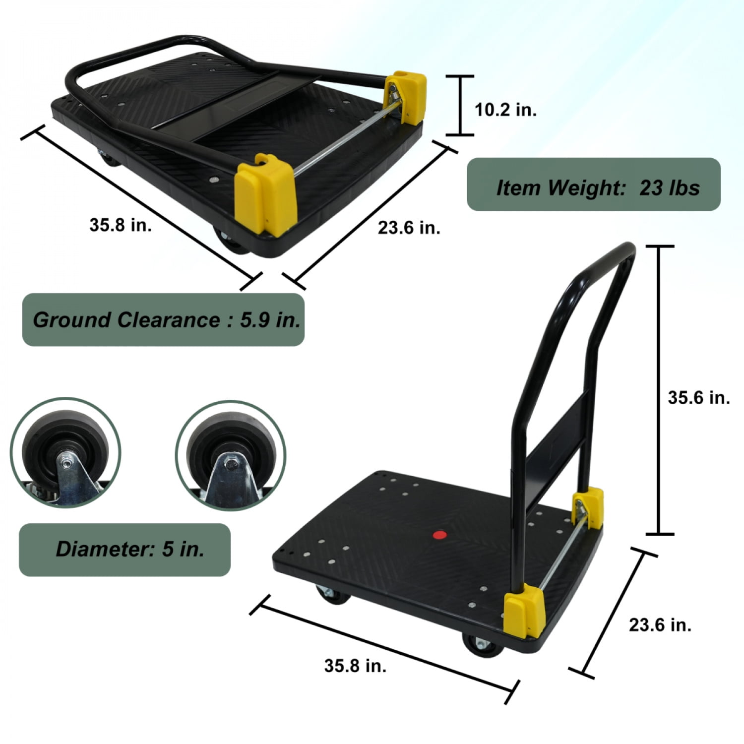 Foldable Platform Push Hand Truck Cart 880 Lbs Weight Capacity 2 Swivel Brake Wheels Black Metal Construction