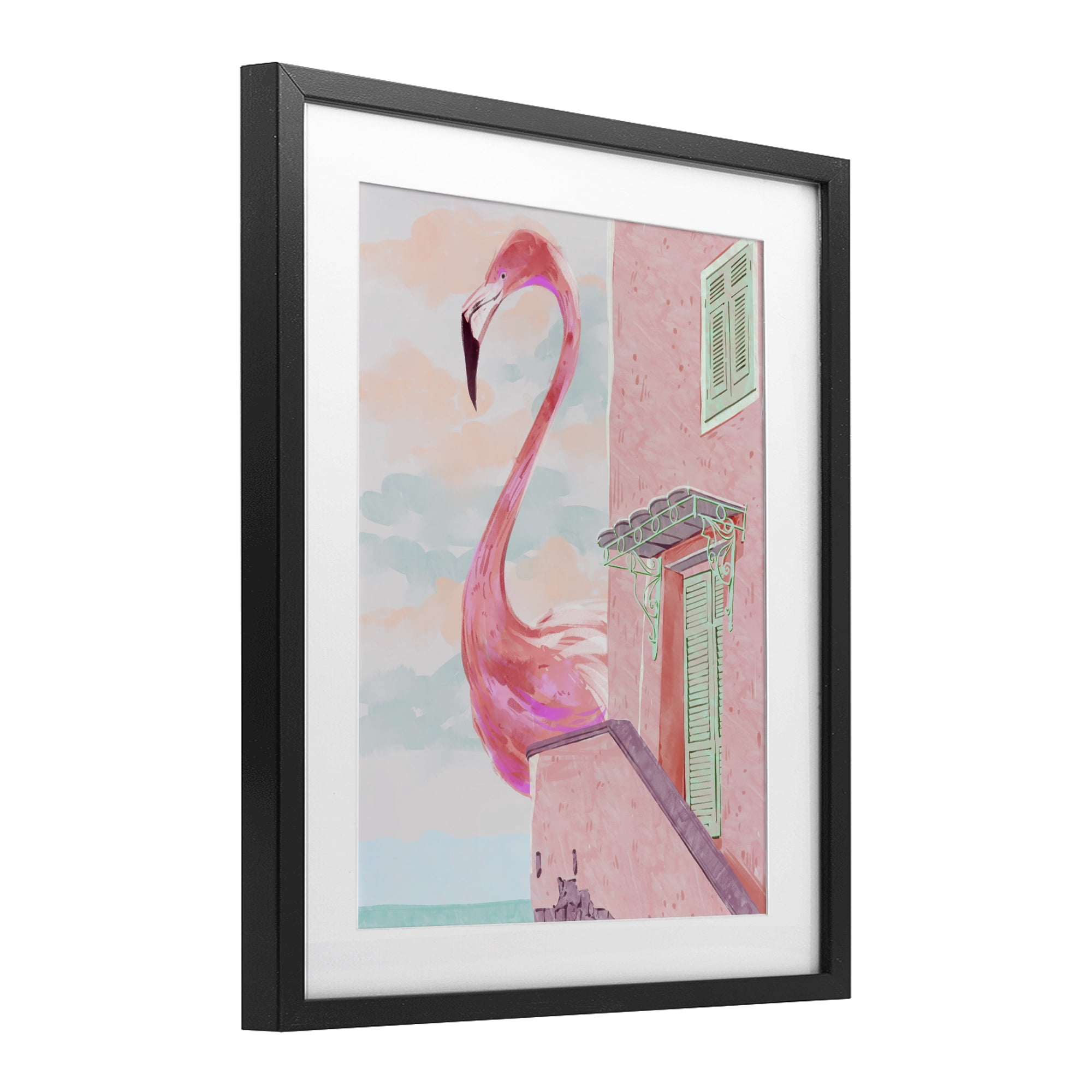 Stupell Industries Giant Flamingo with Seaside Balcony Black Framed Print Under Glass, design by Ziwei Li