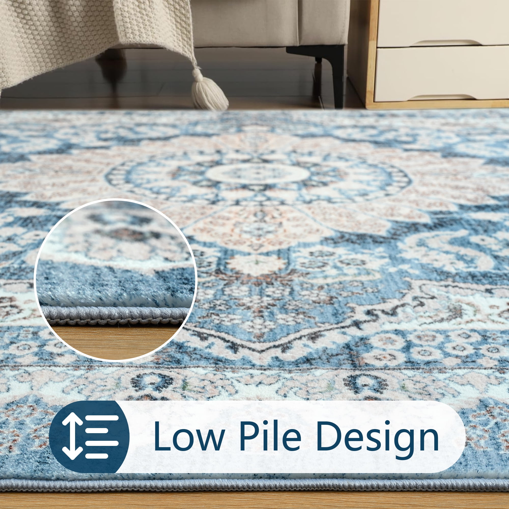 Ultrug Vintage Floral Print Rugs Soft Boho Carpet Retro Distressed Area Rug for Living Room Bedroom Home Decor,2'x3',Blue