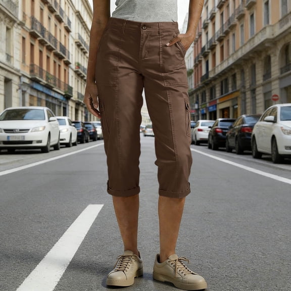 Mifsaly Cargo Capri Pants for Women Roll-Up Cuffs Outdoor Hiking Travel Everyday Lounge Cropped Pant with Multi Pockets L