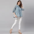 thumbnail image 4 of Janasya Indian Chinese Neck 3/4 Sleeve Floral Print Blue Poly Georgette Top For Women, 4 of 8
