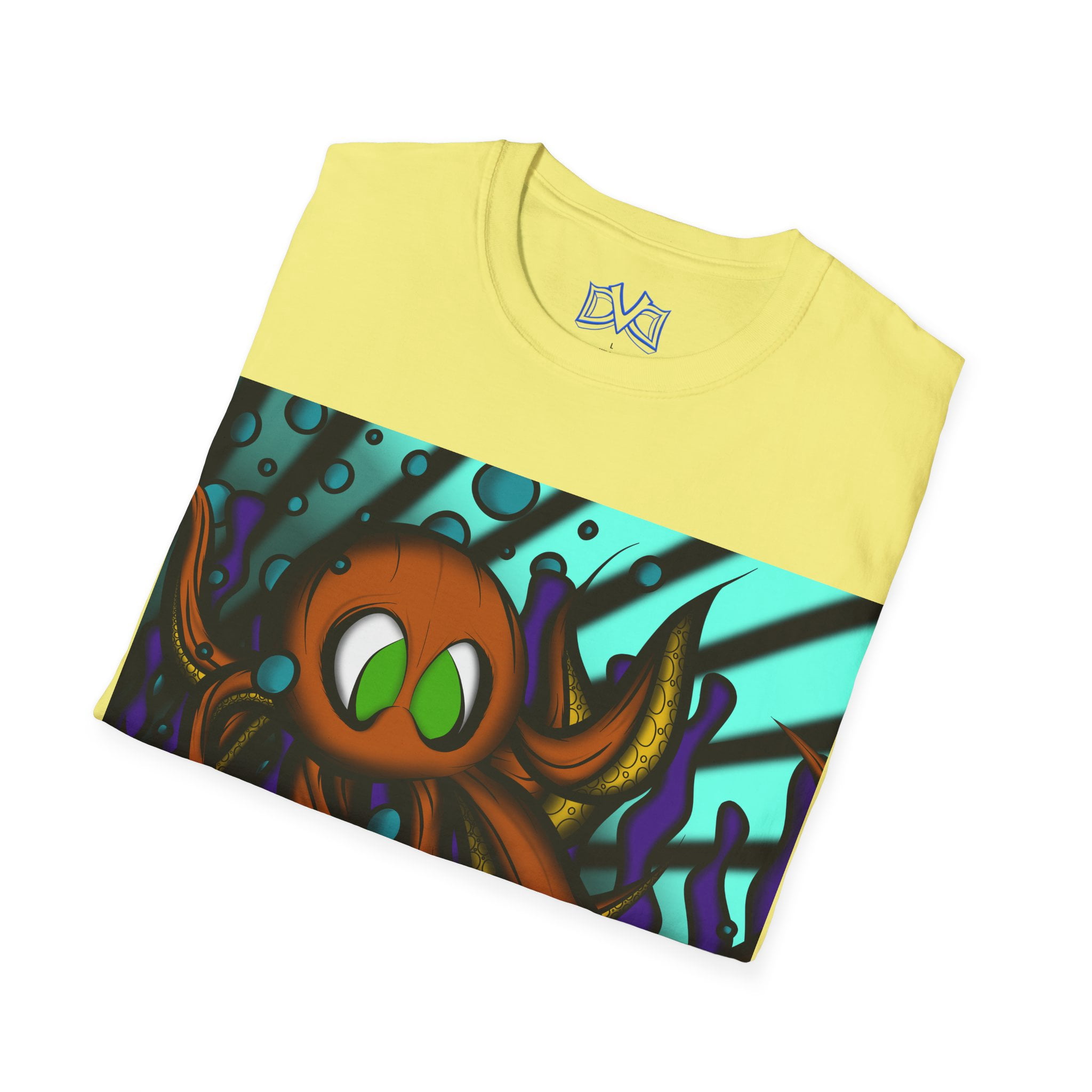 Octopus 9 tentacles, hand drawn art, skate & surf wear on a Unisex T Shirt.