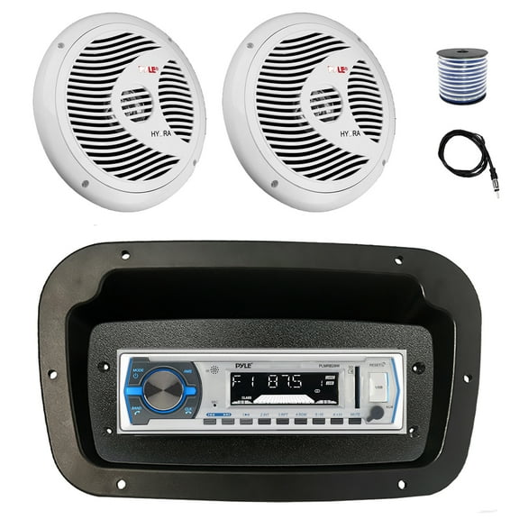 Pyle PLMRB29W Single DIN Bluetooth Marine MP3 Stereo Receiver, Spa bezel, Adapter Plate, 22" Radio Antenna, Wire, 2x 6.5" 150 Watt Max Full Range Dual Cone Waterproof Stereo Speakers (White)