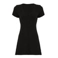 thumbnail image 6 of Women Deep V Neck Button Front Knit Mini Dress Elegant Short Sleeve Ribbed Flowy Hem A-Line Short Dress Black L, 6 of 9