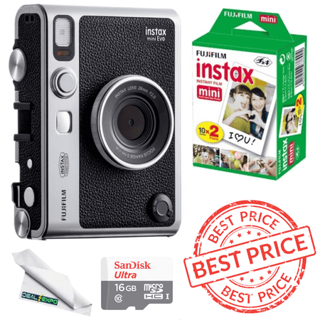 Fujifilm Instax Mini EVO Hybrid Instant Camera Bundle with Instax Mini Twin Pack Instant Film 16GB microSD Card with Adapter Black
