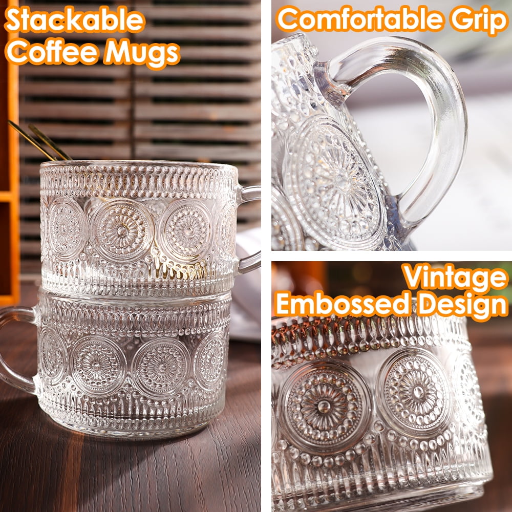 Gezzeny Vintage Glass Coffee Mugs 14 Oz Set of 2 Clear Embossed Tea Cups,  Glass Coffee Cups for Capp…See more Gezzeny Vintage Glass Coffee Mugs 14 Oz