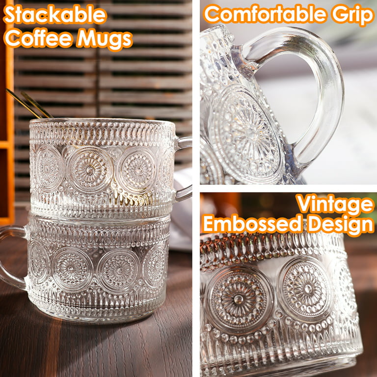 Glass Stackable Coffee Cup Vintage Glass Mugs Set of 4, 14 oz