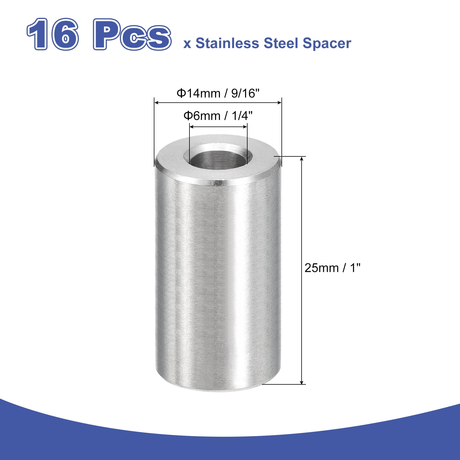 16Pcs 304 Stainless Steel Spacer 14mm OD x 6mm ID x 25mm Length for M6 Screw
